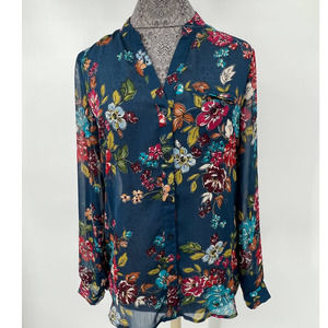 KUT from the Kloth women's navy and floral sheer button down top size small